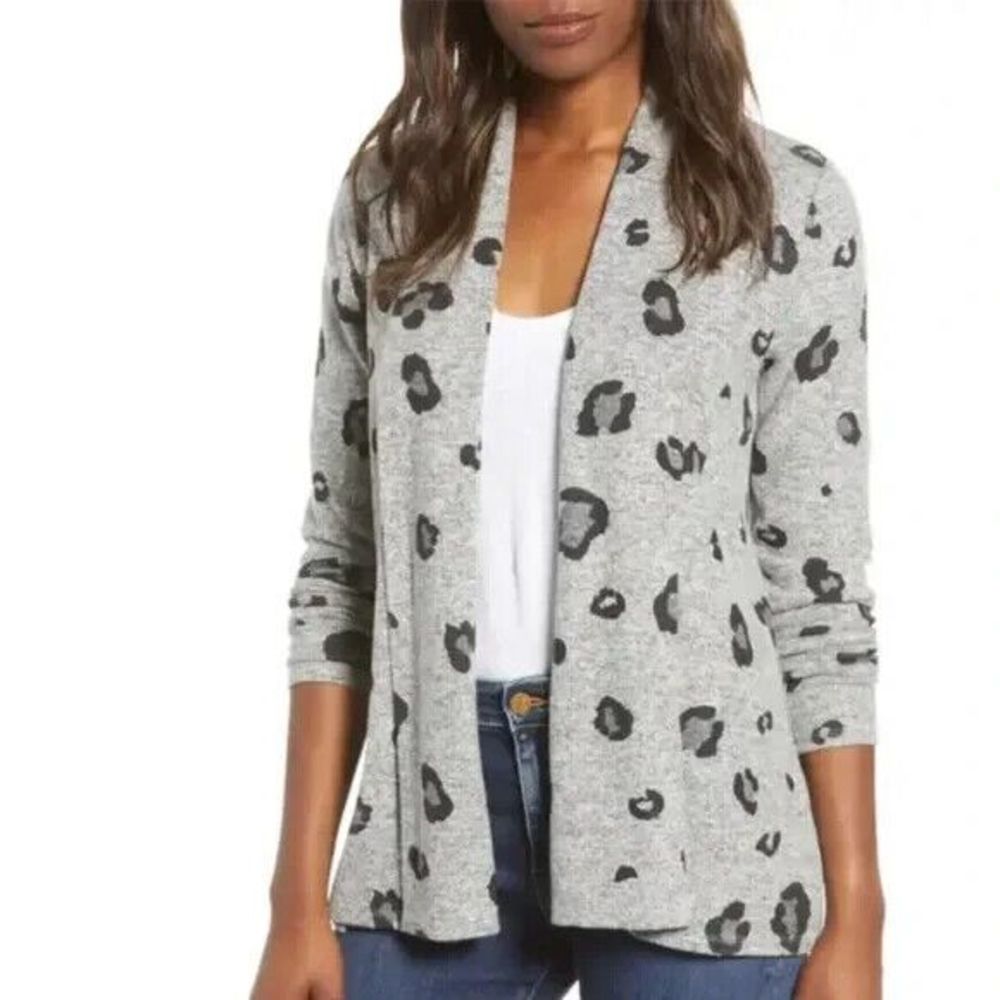 Gibson Small Cardigan Gray Leopard Print Open Front Fleece Long Sleeve Soft Cozy